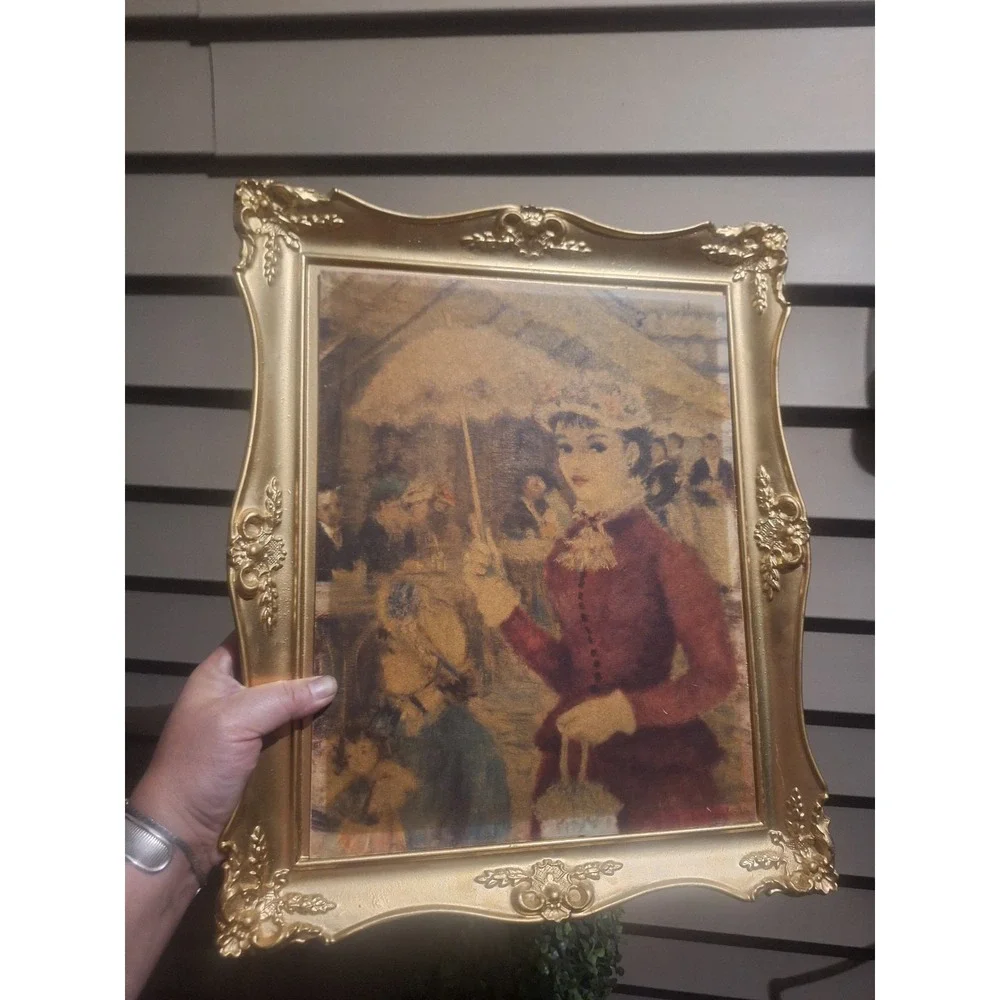 Vintage ornate gold frame with 2 prints white rabbit and Victorian lady